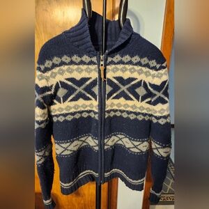 L.O.G.G. Blue/Grey/White Knitted Wool Zips up Front Collar Sweater Jacket Size L